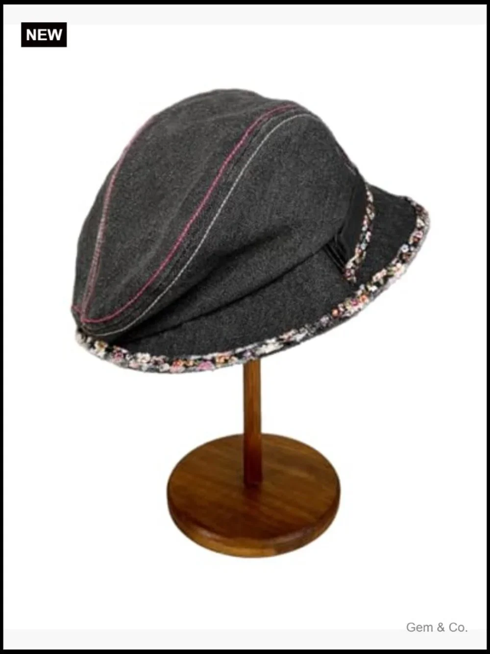 Denim Bucket Hat with Floral Embroidered Brim Foldable Sun Hat